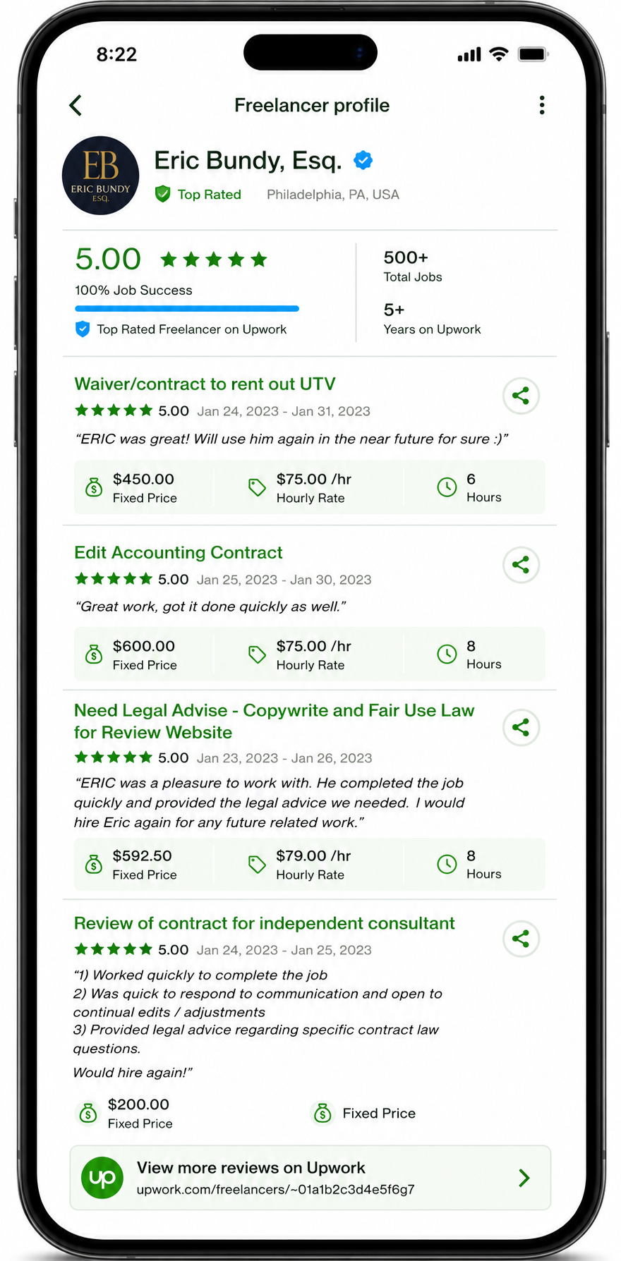 Upwork client review display for Eric Bundy, Esq.